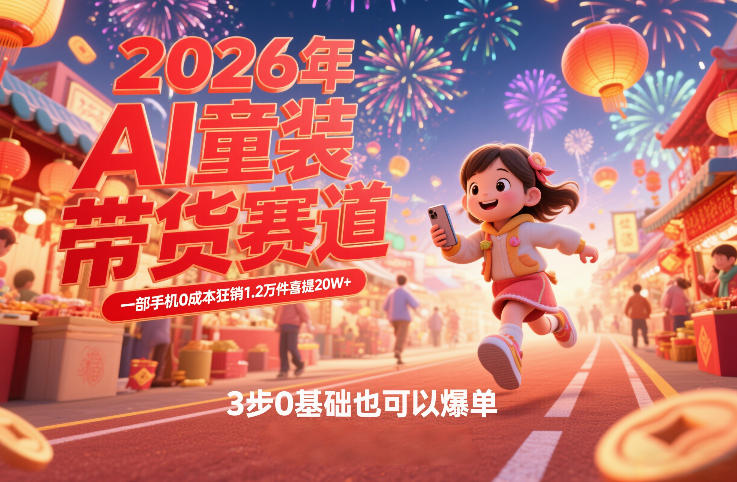 AI童装新春带货赛道，一部手机0成本狂销1.2万件喜提20W+，3步0基础也可以爆单-八瞄副业网