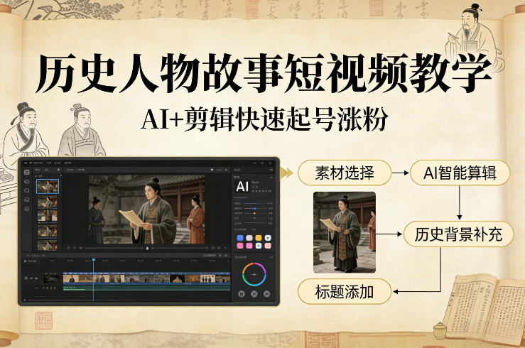 历史人物故事短视频教学，AI+剪辑制作历史人物题材短视频，快速起号涨粉-八瞄副业网