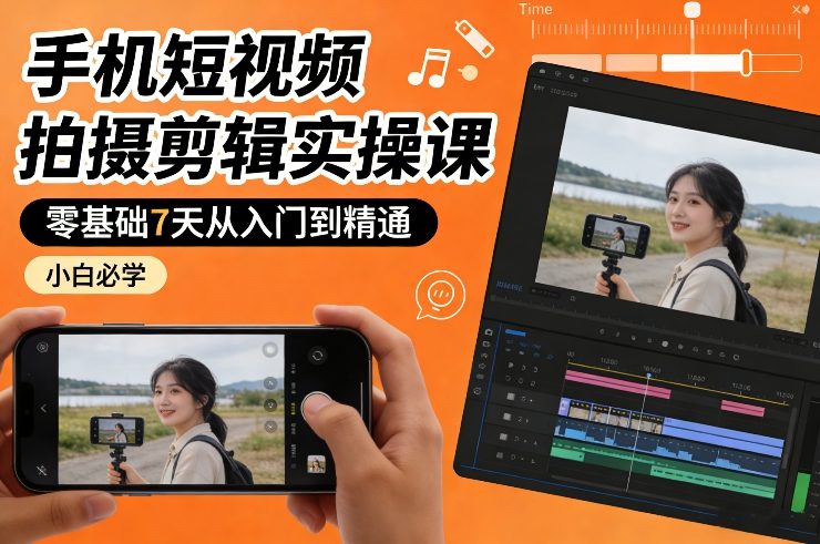 手机短视频拍摄剪辑实操课,零基础7天从入门到精通,小白必学-八瞄副业网