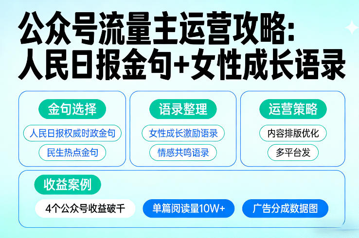 利用人民日报金句+女性成长语录做公众号流量主，4个公众号收益破千-八瞄副业网