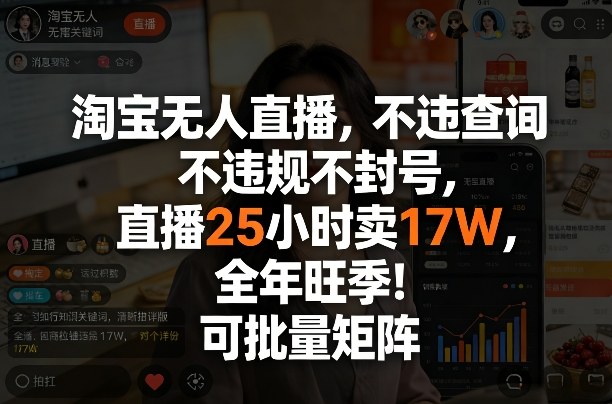 淘宝无人直播，不违规不封号，直播25小时卖17W，全年旺季！可批量矩阵【揭秘】-八瞄副业网