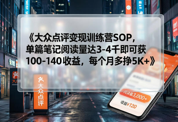大众点评变现训练营SOP,单篇笔记阅读量达3-4千即可获100-140收益,每个月多挣5K+-八瞄副业网