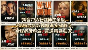 抖音73W粉丝博主亲授，2026最新影视解说实战教学，全程听话照做，直通精选独家-八瞄副业网
