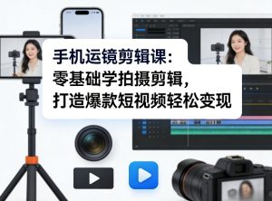 手机运镜剪辑课:零基础学拍摄剪辑,打造爆款短视频轻松变现-八瞄副业网