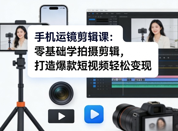 手机运镜剪辑课:零基础学拍摄剪辑,打造爆款短视频轻松变现-八瞄副业网