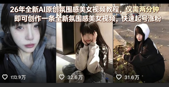 26年全新AI原创氛围感美女视频教程，仅需两分钟即可创作一条全新氛围感美女视频，快速起号涨粉-八瞄副业网